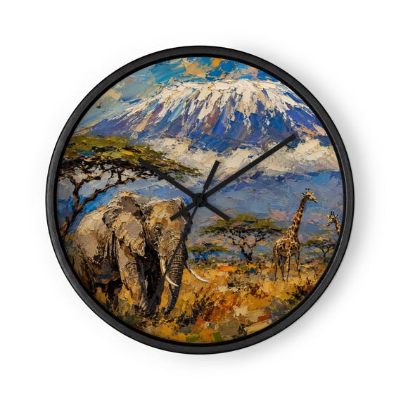 African Safari Kilimanjaro Wall Clock – Elephant & Giraffe Art, Tanzania Wildlife Decor, Mount Kilimanjaro African Gift