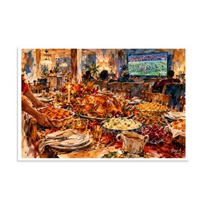 Könnte beinhalten: Ein Aquarellgemälde eines Thanksgiving-Esstisches mit einem gebratenen Truthahn, Kartoffelbrei, Füllung und Preiselbeersauce. Im Hintergrund sitzen Menschen auf einem Sofa und schauen ein Footballspiel auf einem großen Fernsehbildschirm.