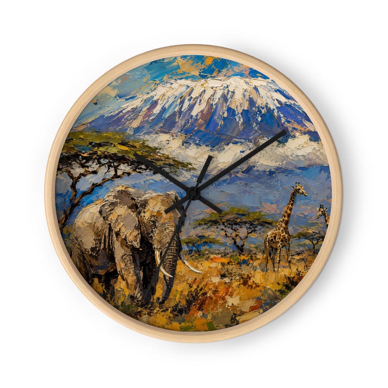 African Safari Kilimanjaro Wall Clock – Elephant & Giraffe Art, Tanzania Wildlife Decor, Mount Kilimanjaro African Gift