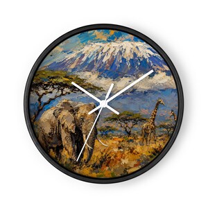 African Safari Kilimanjaro Wall Clock – Elephant & Giraffe Art, Tanzania Wildlife Decor, Mount Kilimanjaro African Gift