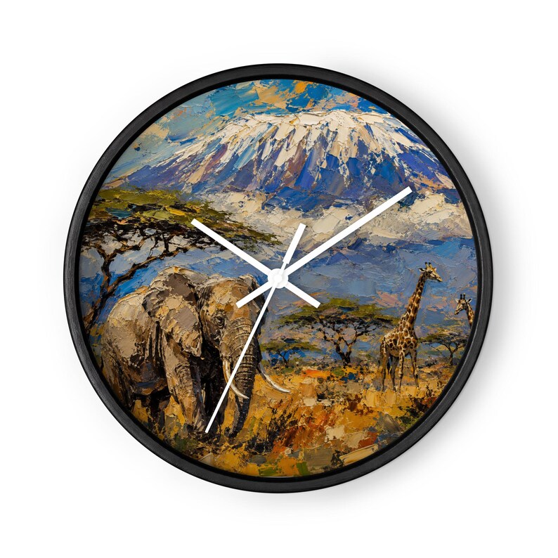 African Safari Kilimanjaro Wall Clock – Elephant & Giraffe Art, Tanzania Wildlife Decor, Mount Kilimanjaro African Gift