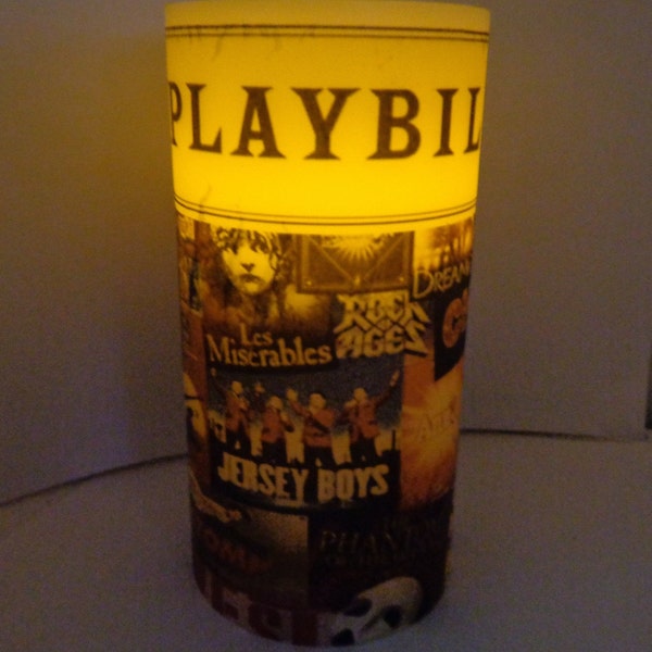Handmade LED flameless Electric Pillar Candle Broadway Playbill Gift Musical Theme Decoupage Decor Desk Ornament