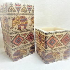 Indio hindú tailandés elefante patrón India tema 2pc set regalo hecho a mano LED sin llama eléctrico cubed forma vela, menú de luz de la noche ornamento