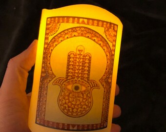 Handmade LED flameless Electric Pillar Candle Hamza Evil Eye Theme Decoupage Desk Ornament
