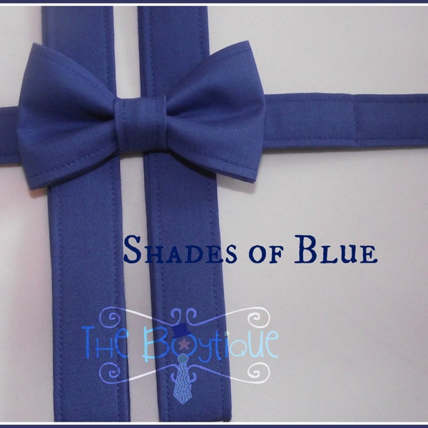 Boy's Blue Bow Ties and Suspenders: Choose ANY shade of blue, Navy, Indigo, Cornflower