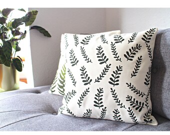 Botanical Green Leaves Cushion Cover, Hand Printed Cotton Pillow Covers 40x40 cm, Small Leaves Decorative Pillow, Scandi Style Throw Pillow