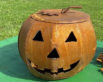 Medium 12"t x 14" Rusty Metal Jack-0-Lantern Pumpkin, Halloween Decor, Face Cut Out Decoration, Holiday Table Centerpiece, Porch Lantern