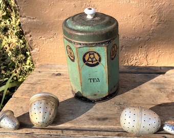 Antique Tea Canister - 3 Aluminum Acorn Steeper's 1 Spoon - Old Vintage Tin Container - Set For Tea Time