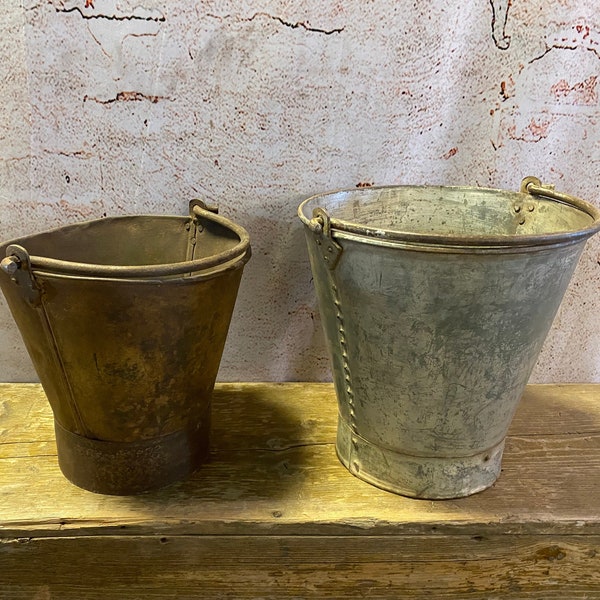 QTY: 2 - Antique Metal Water Buckets - Vintage Country Collectible - Storage Rustic Decoration - Old Handmade Milk Pails