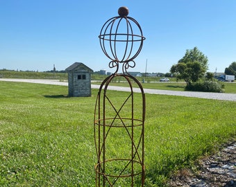 Wrought Iron 40" Stick Man Topiary Flower Trellis, Plant Climber, Vegetable Garden Wire, Rustic Yard Sculpture, Metal Obelisk, Round Trellis