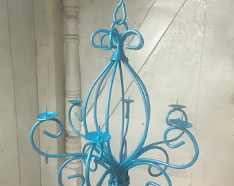 Wrought Iron 17" Small Country Candle Chandelier -  Candelabra Indoor or Outdoors - Rustic Metal Wax Battery Light Fixture - Wedding Display