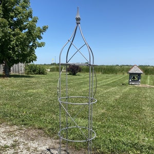 Wrought Iron 64&quot; Gray Rose Topiary Flower Trellis, Plant Climber, Vegetable Garden , Rustic Yard Sculpture, Metal Obelisk,  Garden Obelisk