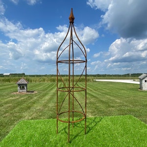 Wrought Iron 47&quot; Rose Topiary Flower Trellis, Plant Climber, Vegetable Garden , Rustic Yard Sculpture, Metal Obelisk, Patio Garden Art