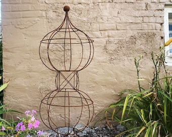 Wrought Iron 46" Double Bob Topiary Flower Trellis, Tall Plant Climber, Vegetable Garden, Big Rustic Yard Sculpture, Large Round Gardening