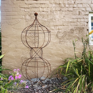 Wrought Iron 46" Double Bob Topiary Flower Trellis, Tall Plant Climber, Vegetable Garden, Big Rustic Yard Sculpture, Large Round Gardening