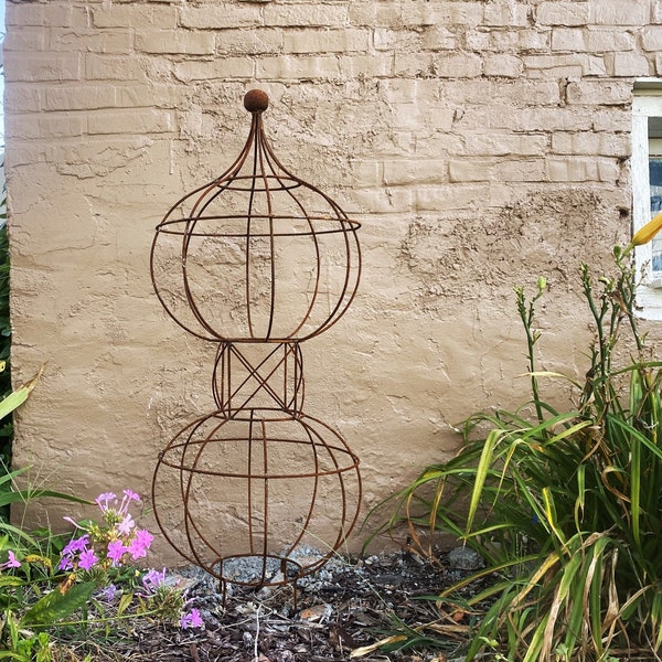 Wrought Iron 46" Double Bob Topiary Flower Trellis, Tall Plant Climber, Vegetable Garden, Big Rustic Yard Sculpture, Large Round Gardening