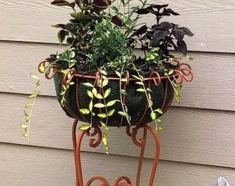 Wrought Iron Lg 29" Heavy Stand - Outdoor Patio Metal Flower Basket Container - Sturdy Rustic Pot Holder - Steel Vintage Garden Planter