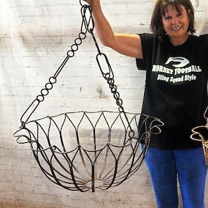 Big Round Hanging Basket, Outdoor Patio Decor Metal Flower Holder, Rustic Wrought Iron Gracie Potholder, Steel Garden Planter 24&quot;