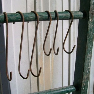 May include: Six rusty metal hooks hang from a green wooden rail. The hooks are all the same size and shape, and they are all facing the same direction. The hooks are attached to the rail with screws.