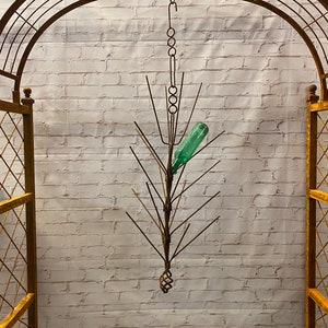 Wrought Iron 42" Hanging  Bottle Tree  Woodsy Yard Decoration - Garden Art -  Wine Decanter Patio Stake - Rustic Metal Structure