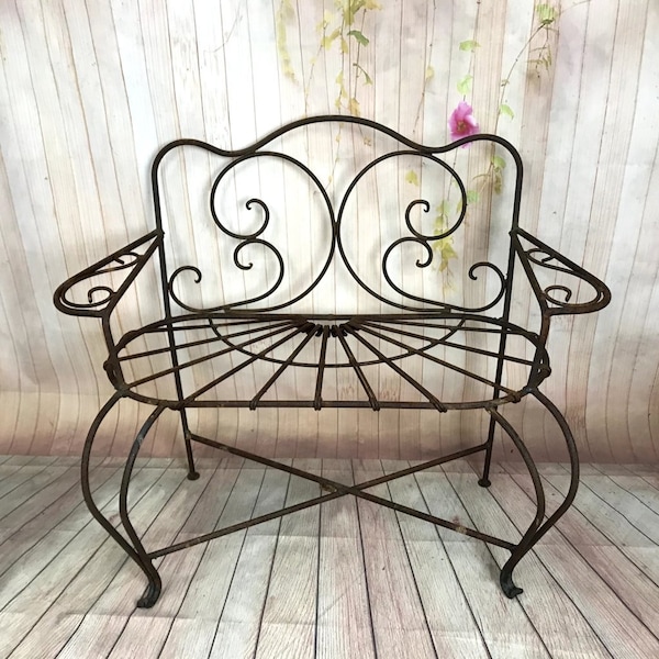 25" Wrought Iron Miniature Small Swirl Bench - Outdoor Childs Furniture Lawn Seating - Rustic Yard Accents,Decorative Patio Children's Seat