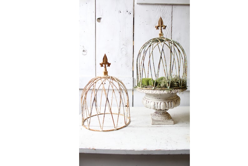 May include: Two decorative metal plant cages with gold finials. The larger cage is filled with green moss and sits on a white pedestal. The smaller cage is empty and sits on a white wooden surface.