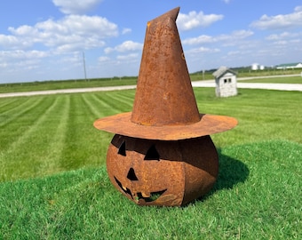 Rusty Small Metal Jack-O-Lantern with Witch Hat – Halloween Decor - Holiday Table Centerpiece, Porch Lantern
