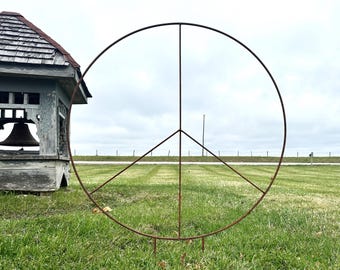 Huge 37&quot; Wrought Iron Yard Peace Stake - Rustic Sign Decoration - Hippie Decorative Symbol - Outdoor Front Lawn Art Statue