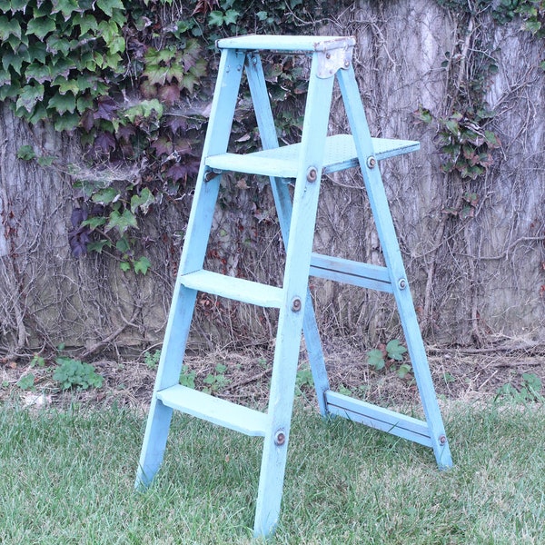 Antique Wood Turquoise Ladder Display - Rustic 4 Steps 47" tall - Primitive Stand - Vintage Storage - Farmhouse Plant Holder - DIY Rack