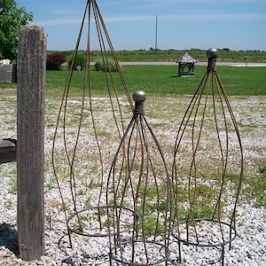 May include: Three metal garden plant cages with a rounded top and a circular base. The cages are made of thin metal rods and are designed to support climbing plants.