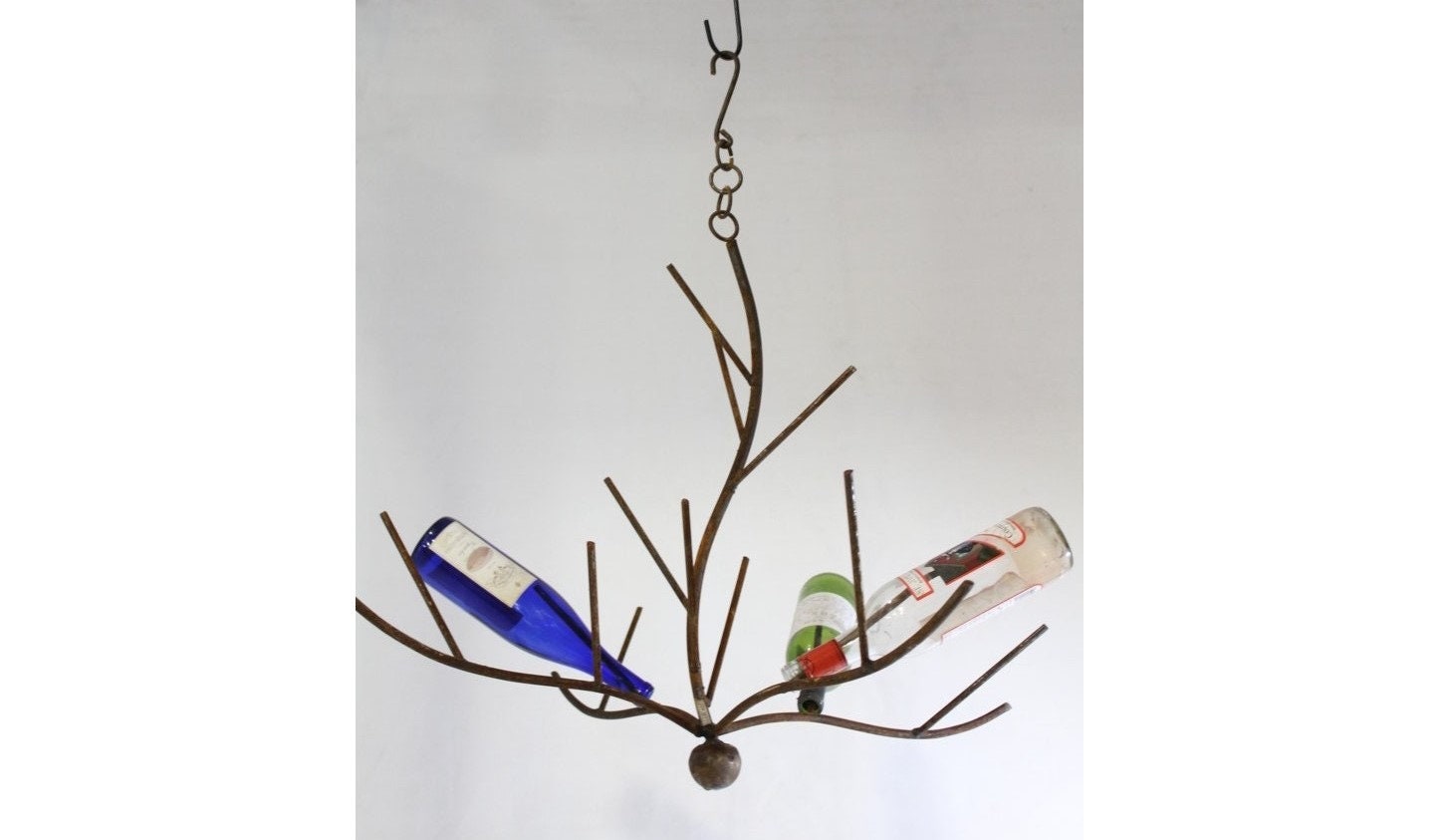 Wrought Iron Hanging Bottle Tree - Rustic Metal Branch for Wine Bottles -  Outdoor Lawn Decoration - Colorful Yard Art - Eclectic Display