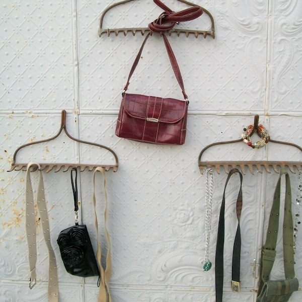 1 Wrought Iron Old Rake  - Hanging Collectible Hook- Towel Rack- Salvaged Farmhouse Tool - Organize Jewelry Purse