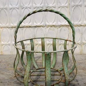 Wrought Iron 13&quot; Small Strap Basket - Outdoor Patio Metal Flower Container - Rustic Sturdy Pot Holder - Decorative Yard Art