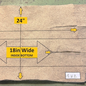 May include: A rectangular beige felt material piece with black measurement lines and yellow labels indicating dimensions of 24 inches, 35 inches, 40 inches, 18 inches wide inside bottom, and 46 inches. Three small white labels read 18 W.B., 24 W.B., and 30 W.B.
