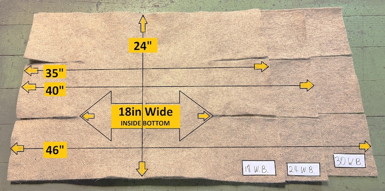 May include: A rectangular beige felt material piece with black measurement lines and yellow labels indicating dimensions of 24 inches, 35 inches, 40 inches, 18 inches wide inside bottom, and 46 inches. Three small white labels read 18 W.B., 24 W.B., and 30 W.B.