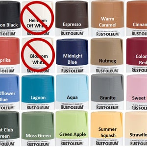 May include: A collection of 18 spray paint cans in various colors, including black, white, brown, red, blue, green, and yellow. Each can features the Rust-Oleum brand name and a color name, such as Canyon Black, Espresso, Paprika, Wildflower Blue, Hunt Club Green, and Summer Squash.