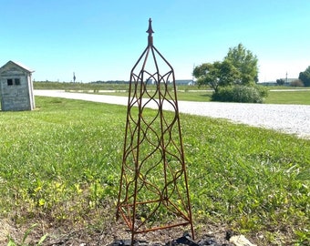 Wrought Iron Finial Topiary Trellis, Rustic Plant Climber, 44" Yard Sculpture