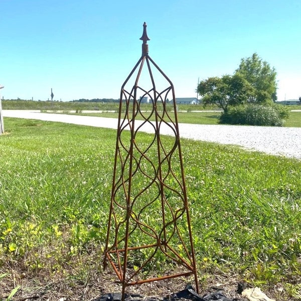 Wrought Iron 44" Square Finial Topiary Flower Trellis,  Metal Plant Climber - Vegetable Garden Wire,  Rustic Yard Sculpture, Patio Gardening