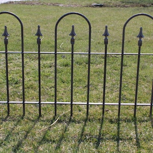 May include: Black metal fence with arched tops and decorative finials. The fence is in a grassy area.
