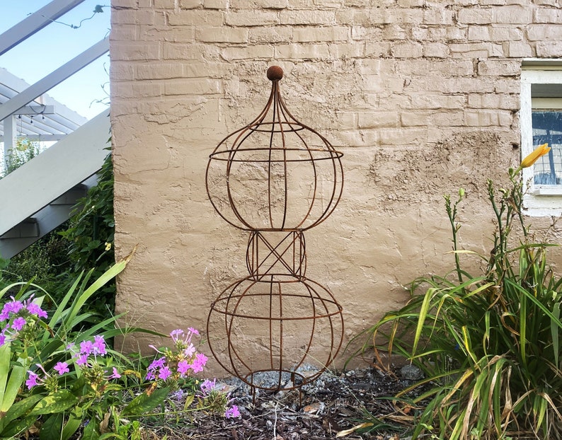 Wrought Iron 46 Double Bob Topiary Flower Trellis, Tall Plant Climber, Vegetable Garden, Big Rustic Yard Sculpture, Large Round Gardening image 1