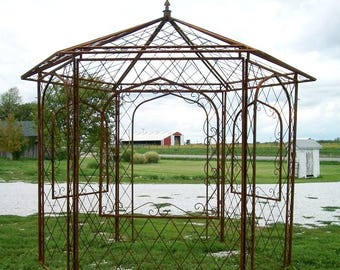 Wrought Iron Garden Gazebo with Open Windows | Rustic Metal Arbor for Vines, Weddings & Garden Rooms