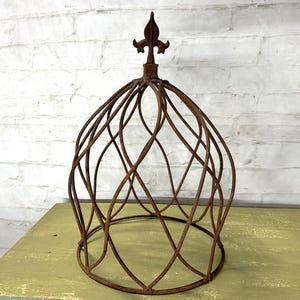 May include: A rusty metal plant cage with a decorative finial on top. The cage is made of wire and has a diamond pattern. It is a decorative item for a garden or home.
