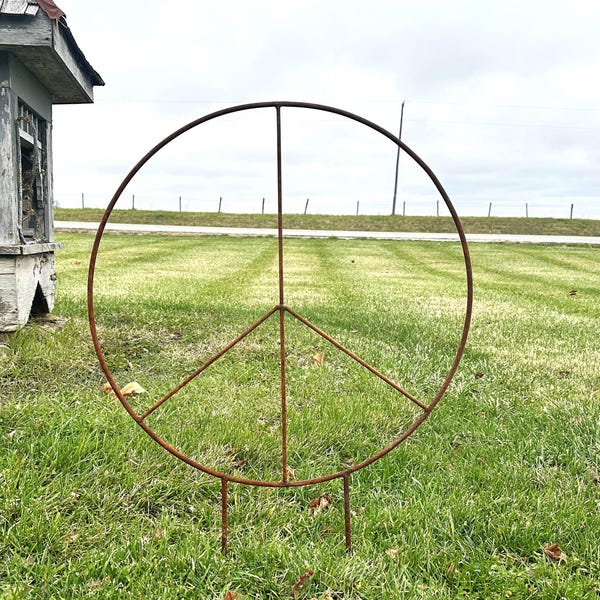Wrought Iron Peace Sign - Rustic Yard Art Stake, 24" Hippie Symbolizing Love Not War