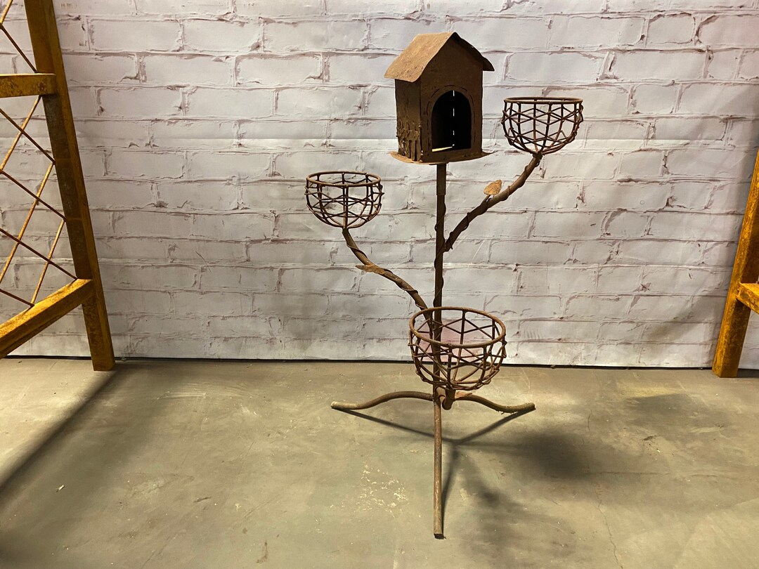 Wrought Iron Birdhouse Plant Stand With Nest Outdoor Patio Etsy