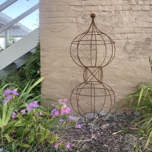 Wrought Iron 46 Double Bob Topiary Flower Trellis, Tall Plant Climber, Vegetable Garden, Big Rustic Yard Sculpture, Large Round Gardening image 2