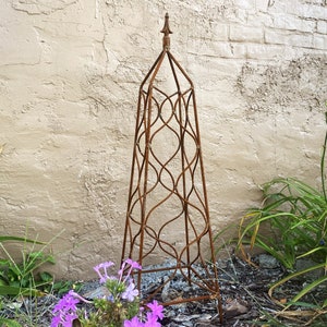 Wrought Iron 37&quot; Square Finial Topiary Flower Trellis,  Metal Plant Climber - Vegetable Garden Wire, Rustic Yard Sculpture, Patio Container