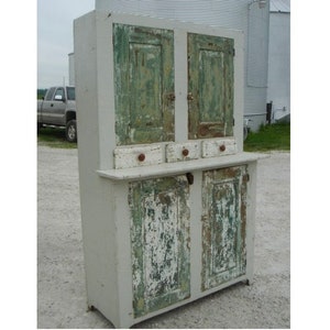 Rare Antique Ledge Front Country Painted Handmade Cupboard, Mid 1800&#39;s Stepback Cabinet, Vintage Farmhouse Storage Summer Kitchen Furniture