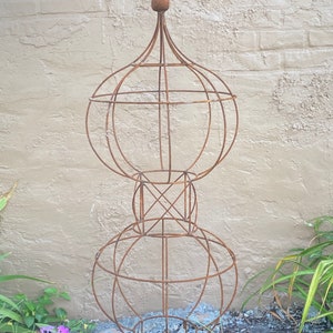 Wrought Iron 46 Double Bob Topiary Flower Trellis, Tall Plant Climber, Vegetable Garden, Big Rustic Yard Sculpture, Large Round Gardening image 6