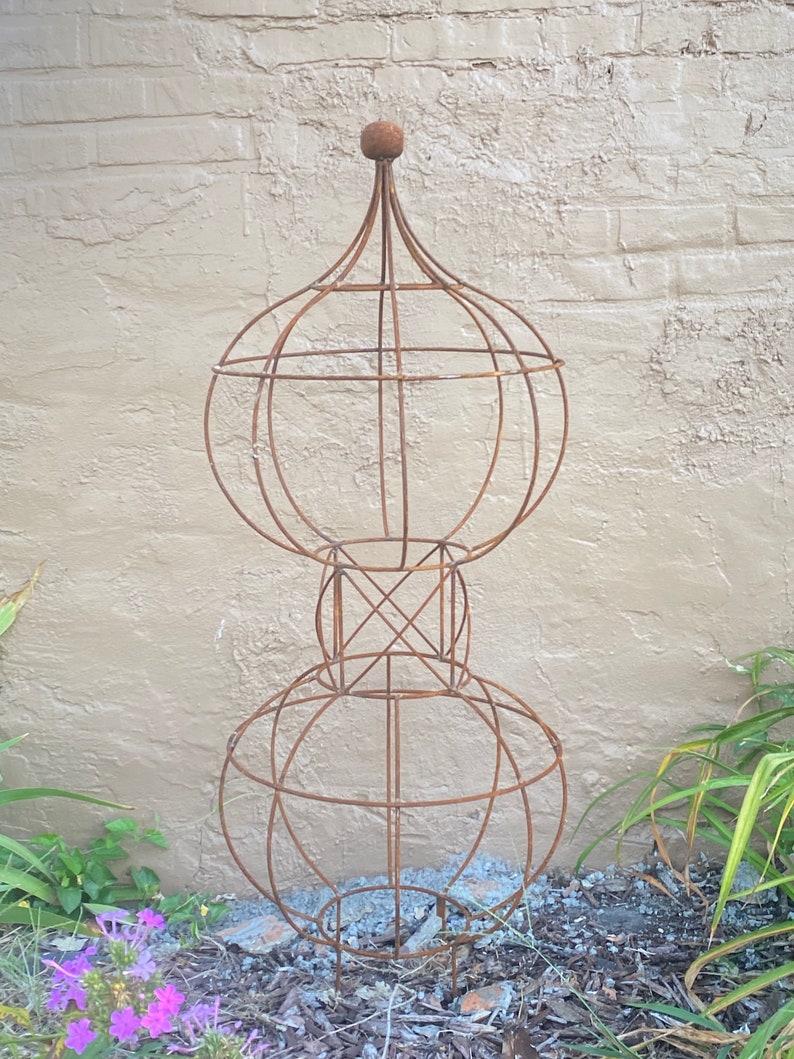 Wrought Iron 46 Double Bob Topiary Flower Trellis, Tall Plant Climber, Vegetable Garden, Big Rustic Yard Sculpture, Large Round Gardening image 6