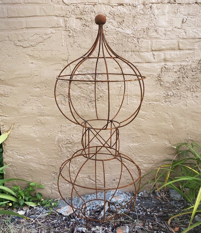 Wrought Iron 46 Double Bob Topiary Flower Trellis, Tall Plant Climber, Vegetable Garden, Big Rustic Yard Sculpture, Large Round Gardening image 3